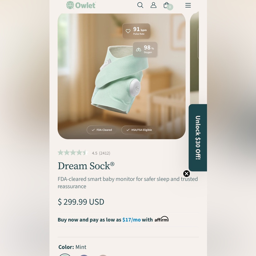 New Owlet Dream Sock Baby Monitor - Mint